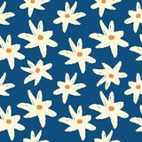 Vector abstract seamless pattern with white daisies on the blue background. Modern stylish art with hand drawn flowers for textile, wallpaper, greeting card, packaging, wrapping paper design. 