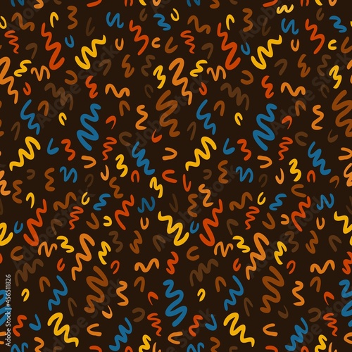 Vector abstract seamless pattern with colorful waves on the dark brown background. Illustration for gift wrap, greeting card, textile, packaging design and other users. 