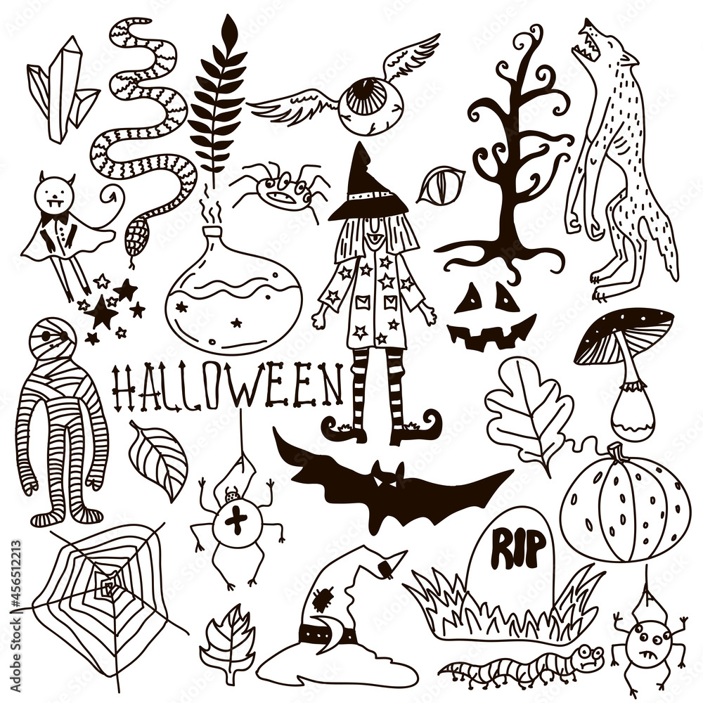 Halloween Doodle Set. Holiday Hand Drawn Vector Illustration with Pumpkins, Jack o Lantern, Skulls, Witch, Ghost, Bat, Candies, Black Cat, Werevolf, Spiders and so one.