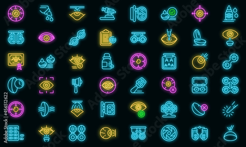 Optometry icons set. Outline set of optometry vector icons neon color on black