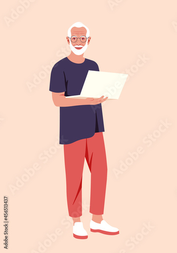 Portrait of an elderly man with a laptop. The grandfather stands at full height. Vector flat illustration.