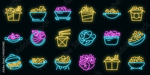 Wok menu icons set. Outline set of wok menu vector icons neon color on black