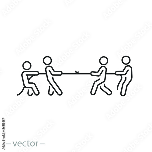 contest pull rope icon, challenge for competition, team battle, people groups war or conflict, person resist tug, together teamwork, ​thin line symbol - editable stroke vector illustration