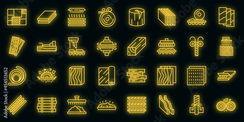 Plywood icons set. Outline set of plywood vector icons neon color on black