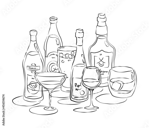 Bottle and glass beer vermouth wine whiskey together in hand drawn style. Beverage outline icon. Restaurant illustration for celebration design. Retro sketch. Line art. Isolated on white background