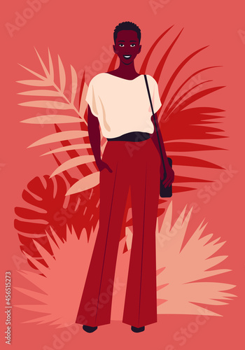 Portrait of an African woman who stands in full height with shoulder bag. Casual outfit. Vector flat illustration