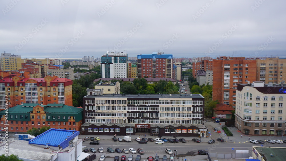 city from a bird's eye view cloudy buildings tyumen