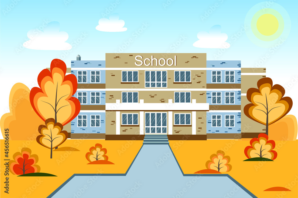 School building. Back to school concept, cute colorful vector illustration in flat style. Autumn trees.
