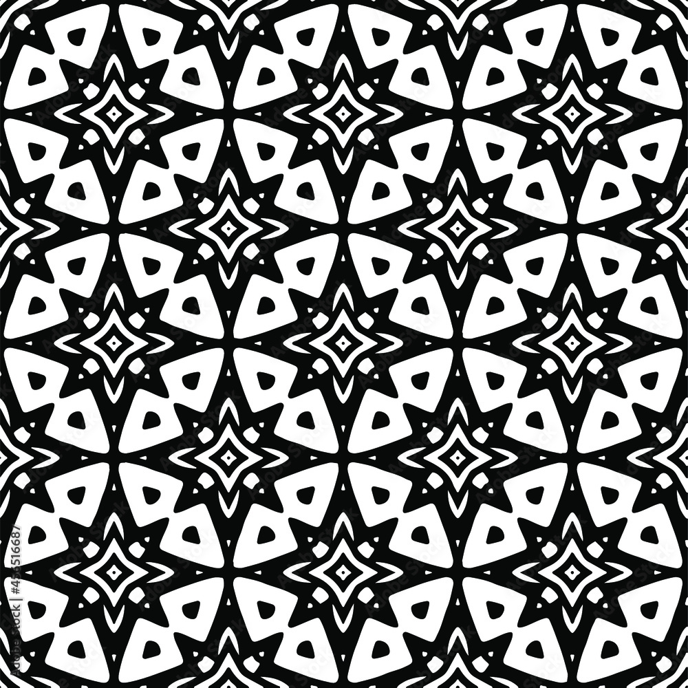 Flower geometric pattern. Seamless vector background. White and black ornament. Ornament for fabric, wallpaper, packaging. Decorative print Flower geometric pattern. Seamless vector background. White and black ornament. Ornament for fabric, wallpaper, packaging. Decorative print
