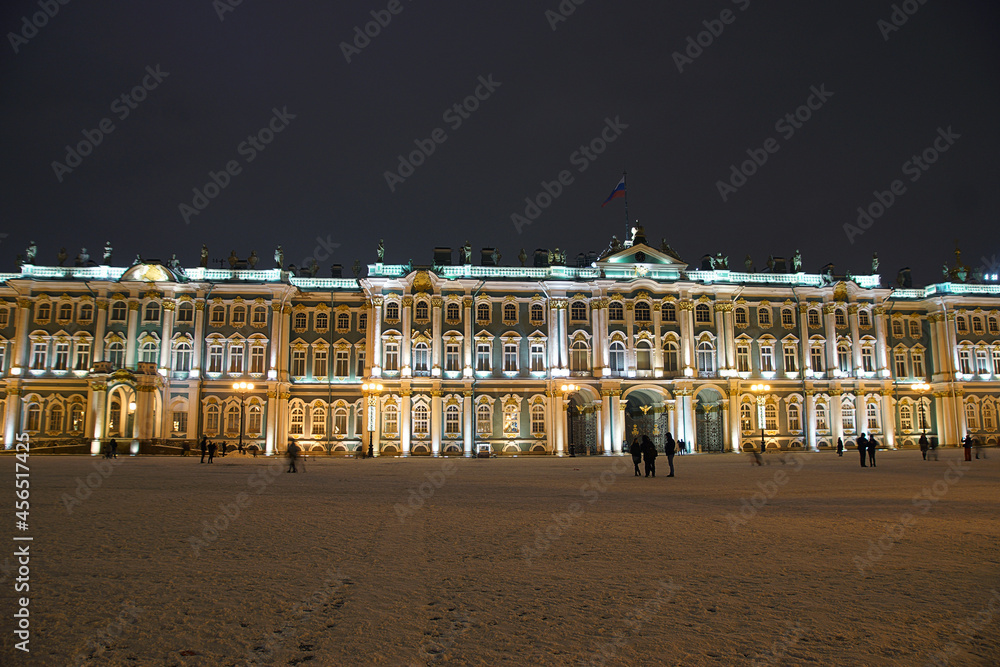 Winter Palace decorated for the holiday with illumination on a winter evening in St. Petersburg
