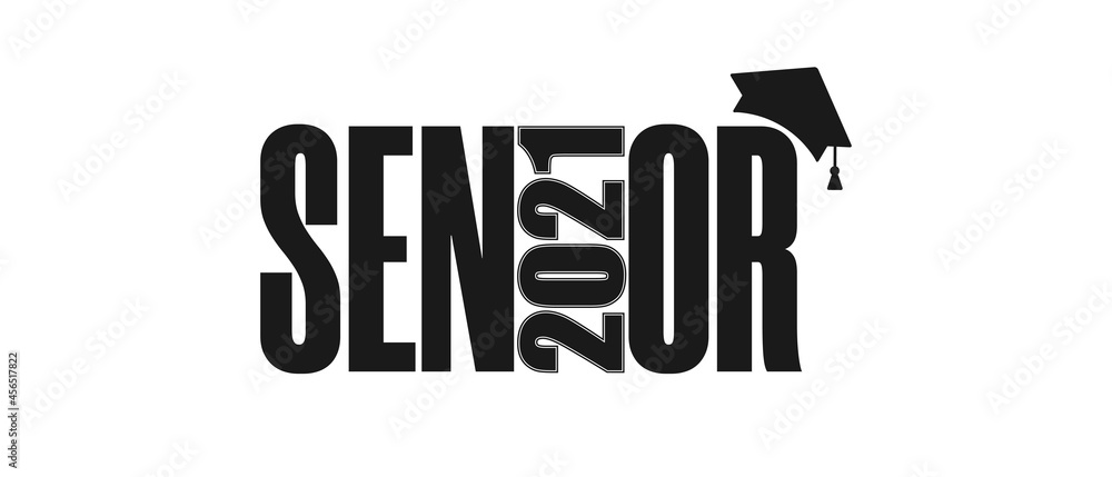 Senior class of 2021. Black number with education academic cap on white background. Graduation design frame, high school logo, icon, college congratulation graduate, yearbook. Vector illustration.