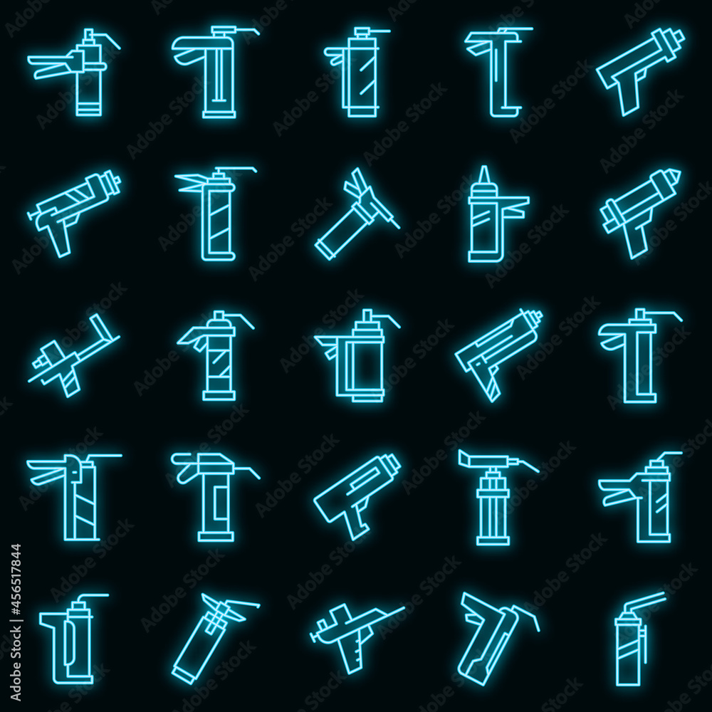Silicone caulk gun icons set. Outline set of silicone caulk gun vector icons neon color on black Silicone caulk gun icons set. Outline set of silicone caulk gun vector icons neon color on black
