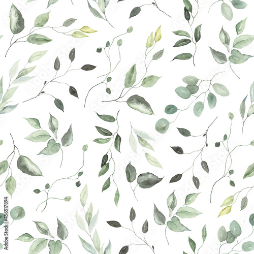 Hand painted foliage pattern, seamless floral print with green leaves, watercolor illustration isolated on white background for your wallpapers, textile or cover.