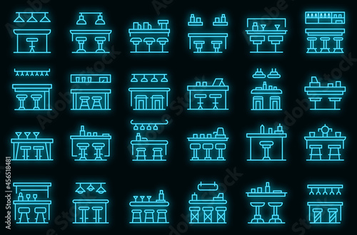 Bar counter icons set. Outline set of bar counter vector icons neon color on black