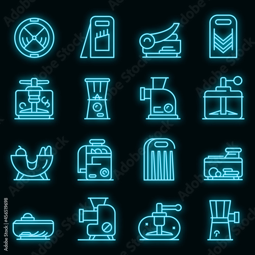 Vegetable cutter icons set. Outline set of vegetable cutter vector icons neon color on black