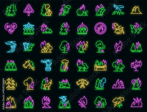 Burning forest icons set. Outline set of burning forest vector icons neon color on black