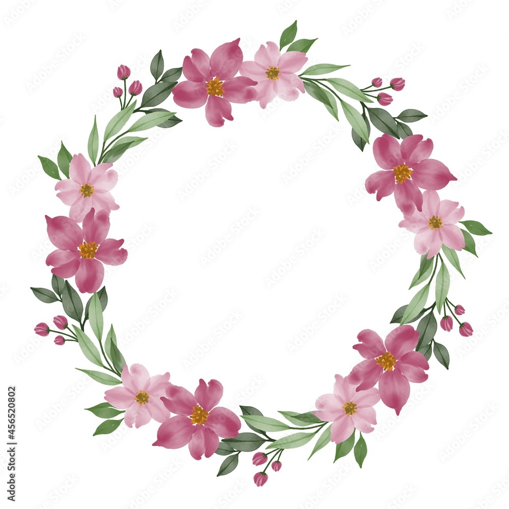 pink flower wreath, circle frame with pink flower and leaves border