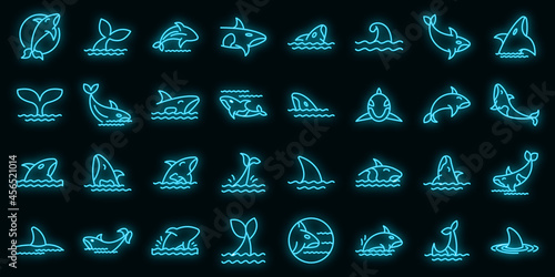 Killer whale icons set. Outline set of killer whale vector icons neon color on black