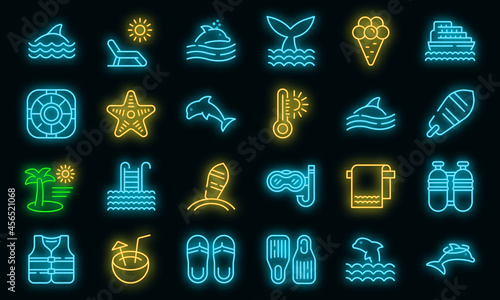 Swim with dolphins icon. Outline swim with dolphins vector icon neon color on black