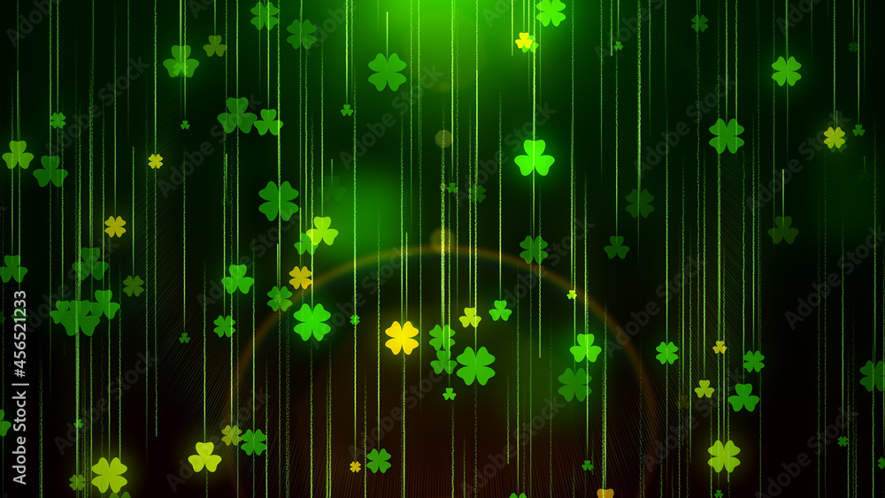 Abstract Festive Green Shinny Three And Four Leaf Clovers And Lines Falling Rain With Optical Lens Flare Light Background Design Abstract Festive Green Shinny Three And Four Leaf Clovers And Lines Falling Rain With Optical Lens Flare Light Background Design