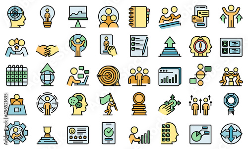 Human resources icons set. Outline set of human resources vector icons thin line color flat isolated on white