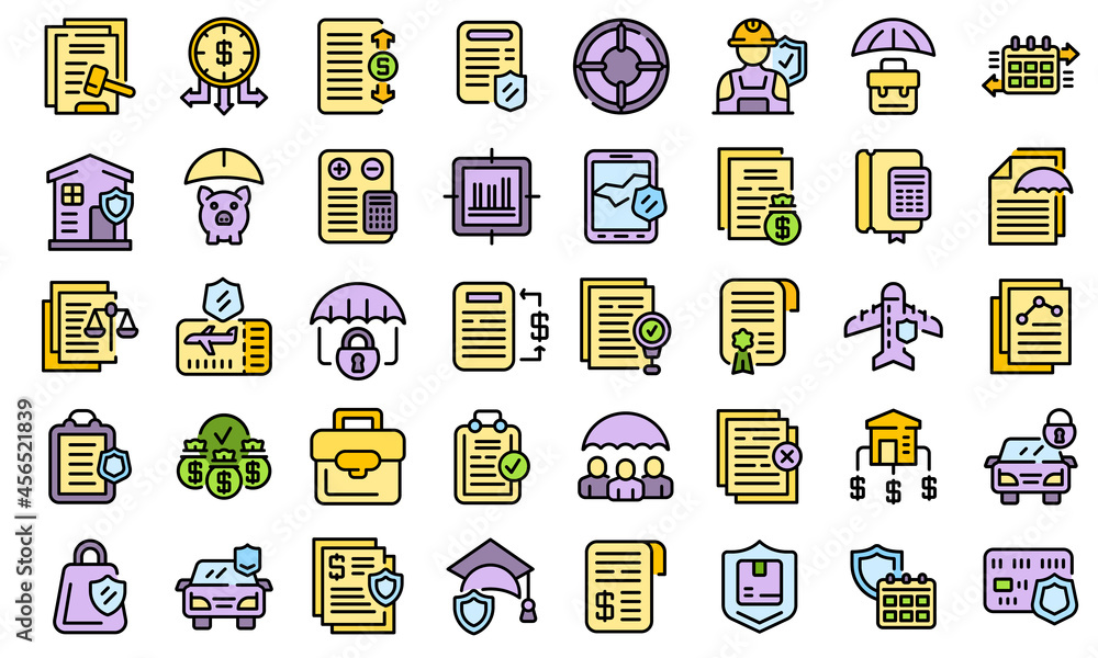 Liability icons set. Outline set of liability vector icons thin line color flat isolated on white Liability icons set. Outline set of liability vector icons thin line color flat isolated on white