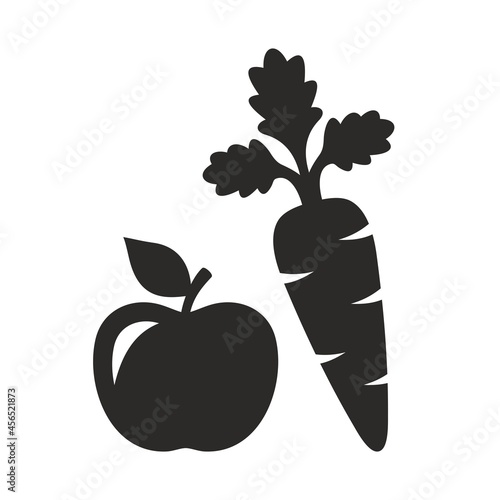 Apple and carrot icon. Fruit and vegetables. Healthy eating. Vector icon isolated on white background.