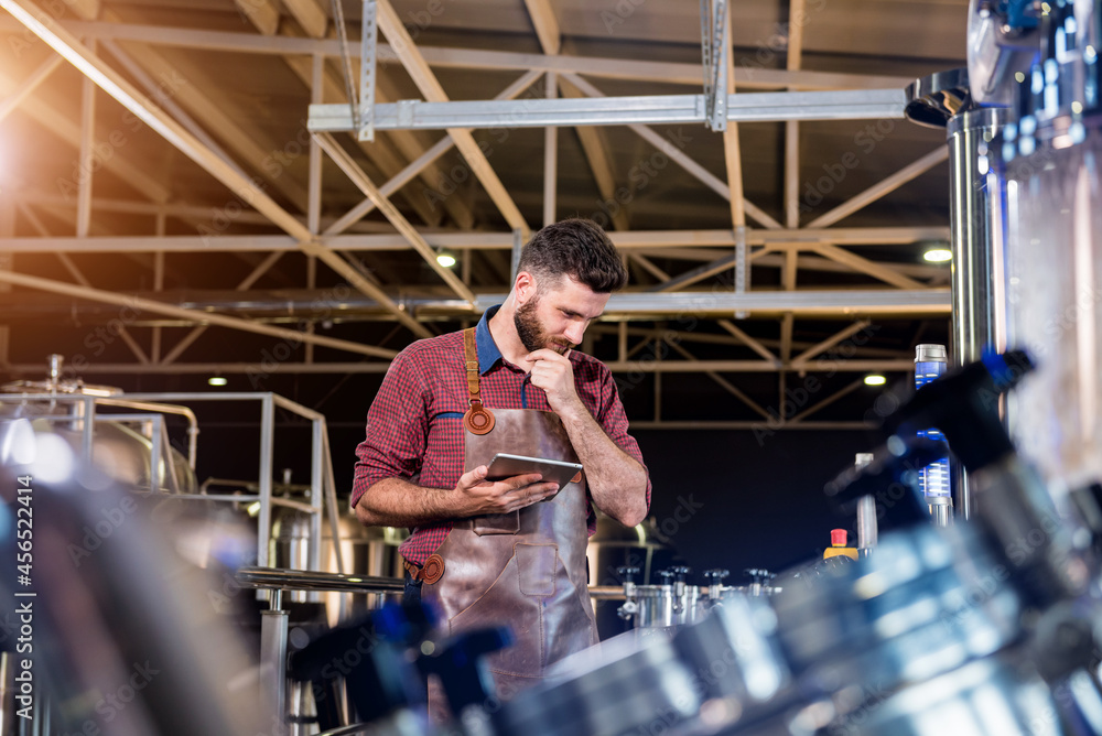 Fototapeta premium Young male brewer in leather apron supervising the process of beer fermentation at modern brewery factory