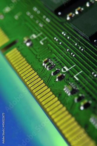 contacts of a microchip of random access memory close-up.