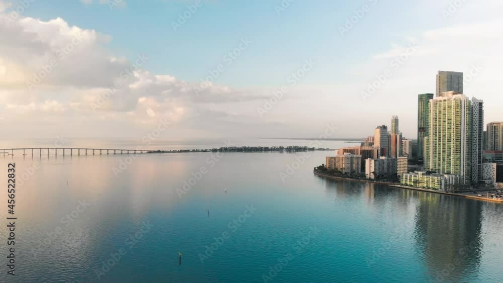 Amazing drone aerial view of Downtown Miami and Brickell Key at dawn, Florida Amazing drone aerial view of Downtown Miami and Brickell Key at dawn, Florida