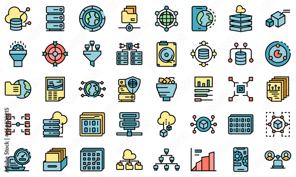 Fototapeta premium Big data icons set. Outline set of big data vector icons thin line color flat isolated on white