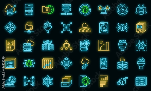 Big data icons set. Outline set of big data vector icons neon color on black