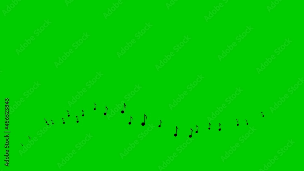 Animated black notes fly from left to right. A wave of flying notes. Concept of music. Vector illustration isolated on the green background.