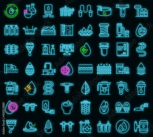 Equipment for water purification icons set. Outline set of equipment for water purification vector icons neon color on black