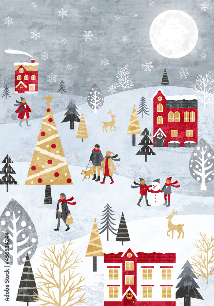 雪が降るクリスマスの街並みと人々のベクターイラスト背景 Christmas Merrychristmas 冬 Stock ベクター Adobe Stock