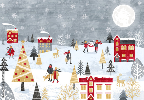 雪が降るクリスマスの街並みと人々のベクターイラスト背景(christmas, Merrychristmas,冬)
