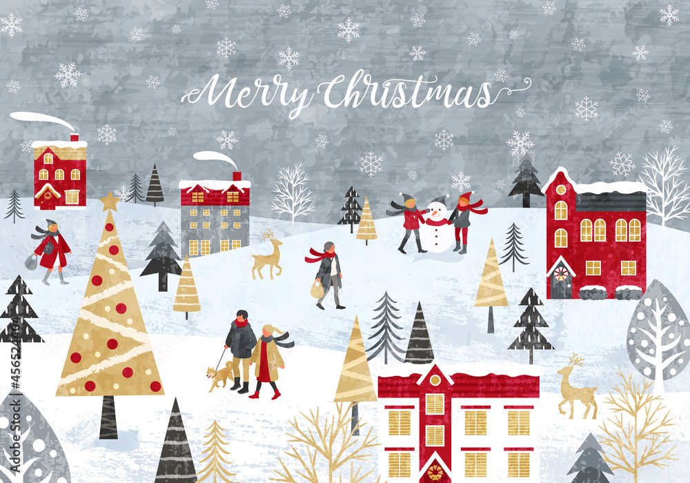 雪が降るクリスマスの街並みと人々のベクターイラスト背景 Christmas Merrychristmas 冬 Stock Vector Adobe Stock