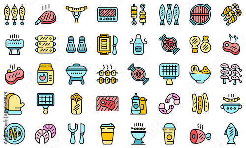 Grilled food icons set. Outline set of grilled food vector icons thin line color flat isolated on white