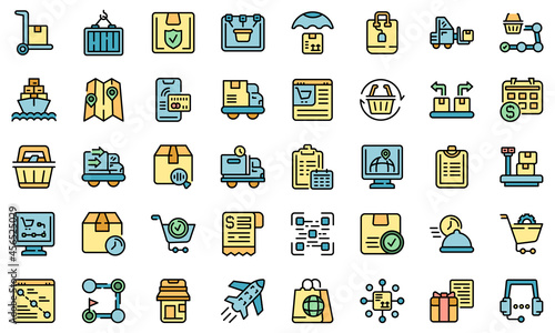 Ordering process icons set. Outline set of ordering process vector icons thin line color flat isolated on white