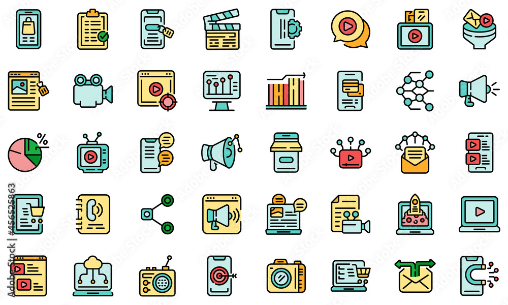 Fototapeta premium Social media marketing icons set. Outline set of social media marketing vector icons thin line color flat isolated on white