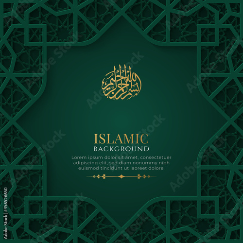 Arabic Islamic Elegant Green and Golden Luxury Ornamental Background with Islamic Pattern