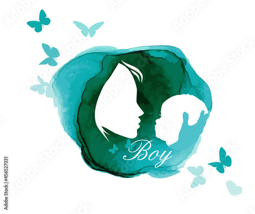 Mother with her baby. Card of Happy Mothers Day. Congratulations on the birth of your son. Vector illustration
