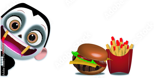 Halloween, boy dressed as a vampire with fangs of french fries, accompanied by hamburger and fries, with white background for text, titles or logos