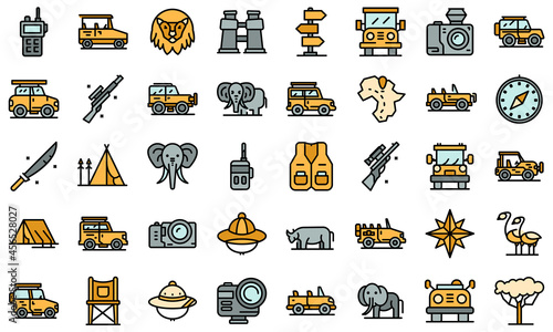 Jeep safari icons set. Outline set of jeep safari vector icons thin line color flat isolated on white