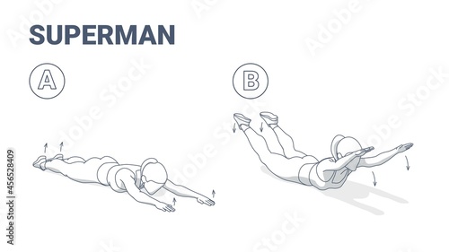 Woman Doing Superman Exercise Home Workout Guidance Illustration. Lying Girl Fitness Exercise.