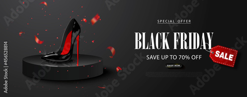 Black friday sale background with Black high-heeled shoe and flying serpentine. Modern 3D design.Universal vector background for poster, banners, flyers, card.