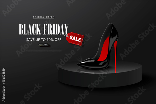 Black friday sale background with Black high-heeled shoe . Modern 3D design.Universal vector background for poster, banners, flyers, card.