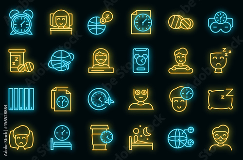 Jet lag icons set. Outline set of jet lag vector icons neon color on black