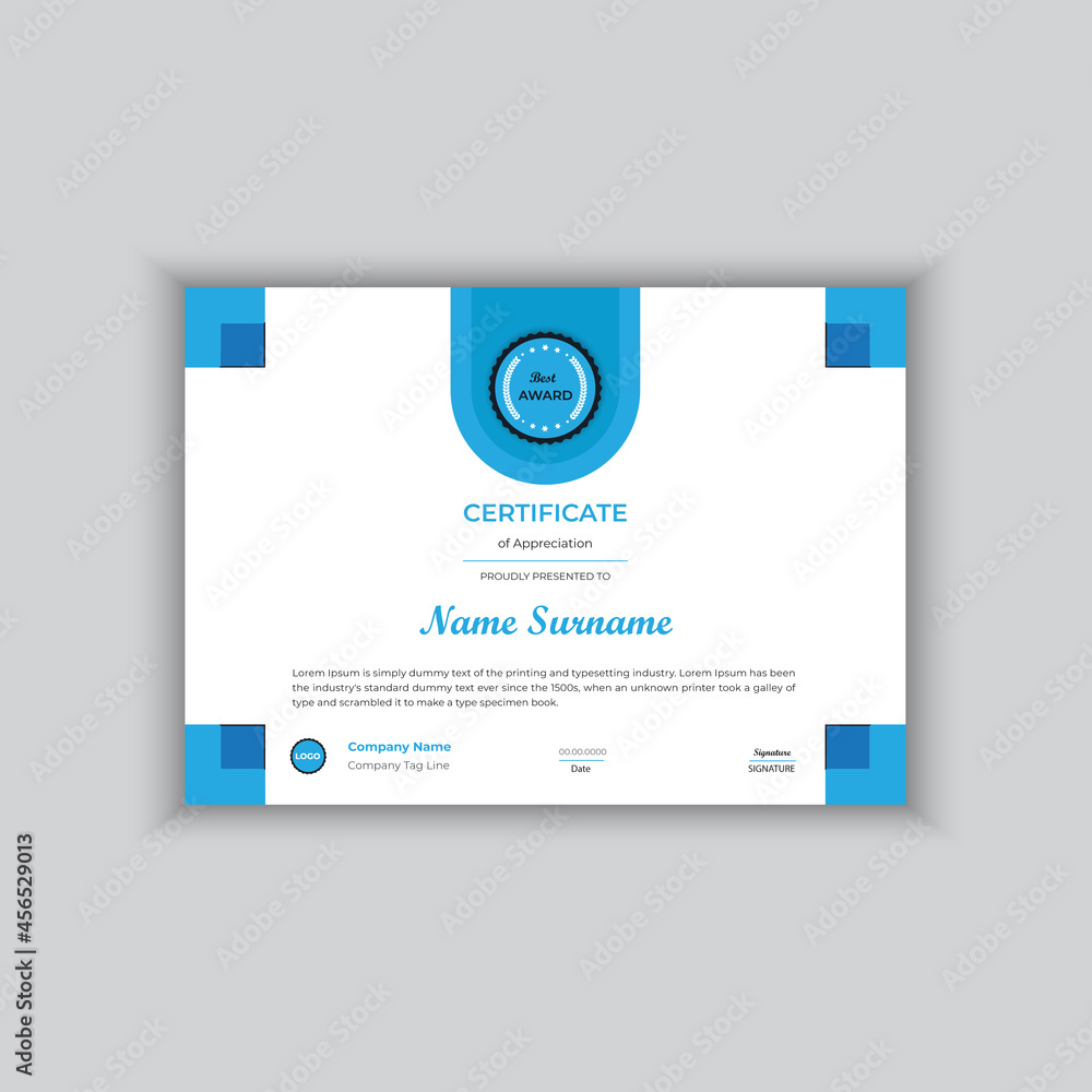 Stylish Blue Color Certificate of appreciation template, blue and black ...