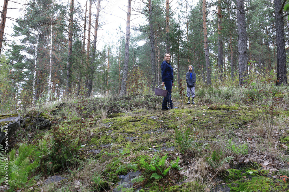 Obraz premium Mother and son pick mushrooms in forest